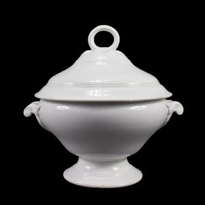 French Sarreguemines Antique White Earthenware Tureen 19th Century, Vintage Tableware