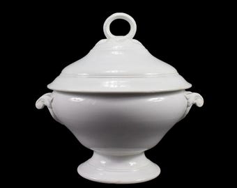 French Sarreguemines Antique White Earthenware Tureen 19th Century, Vintage Tableware