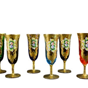 Set of 6 Vintage Murano Champagne Glasses – Multicolored Venetian Stemware with Gold Leaf, Italian Hand Painted Crystal