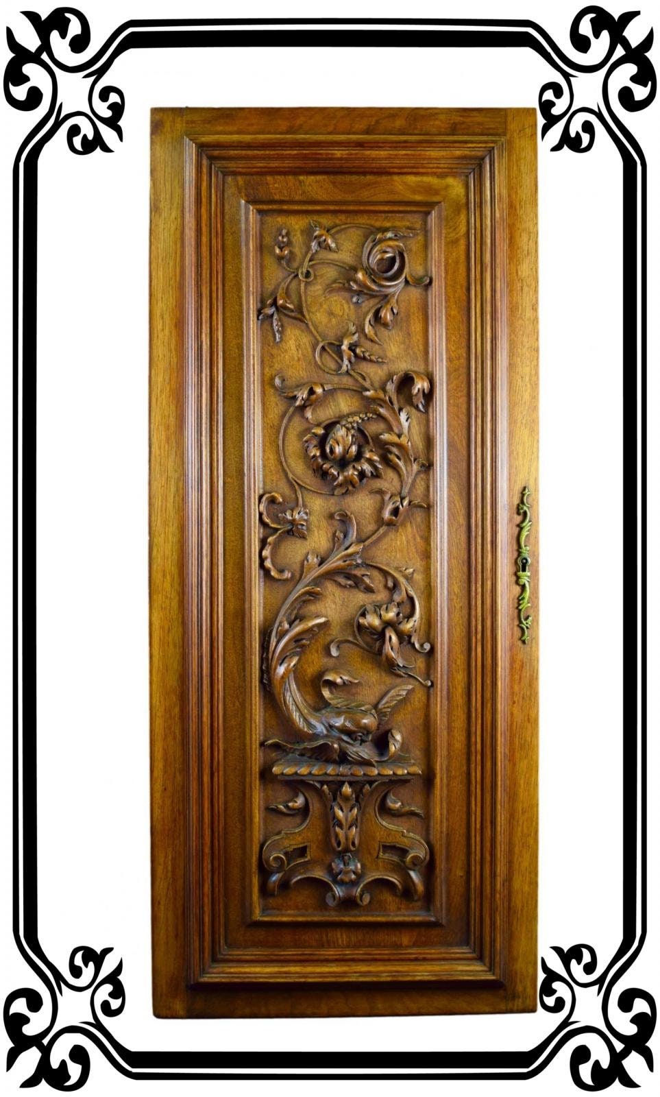 Français Antique Néo-Gothique Dauphin en Bois Sculpté Panneau de Porte Placard Porte