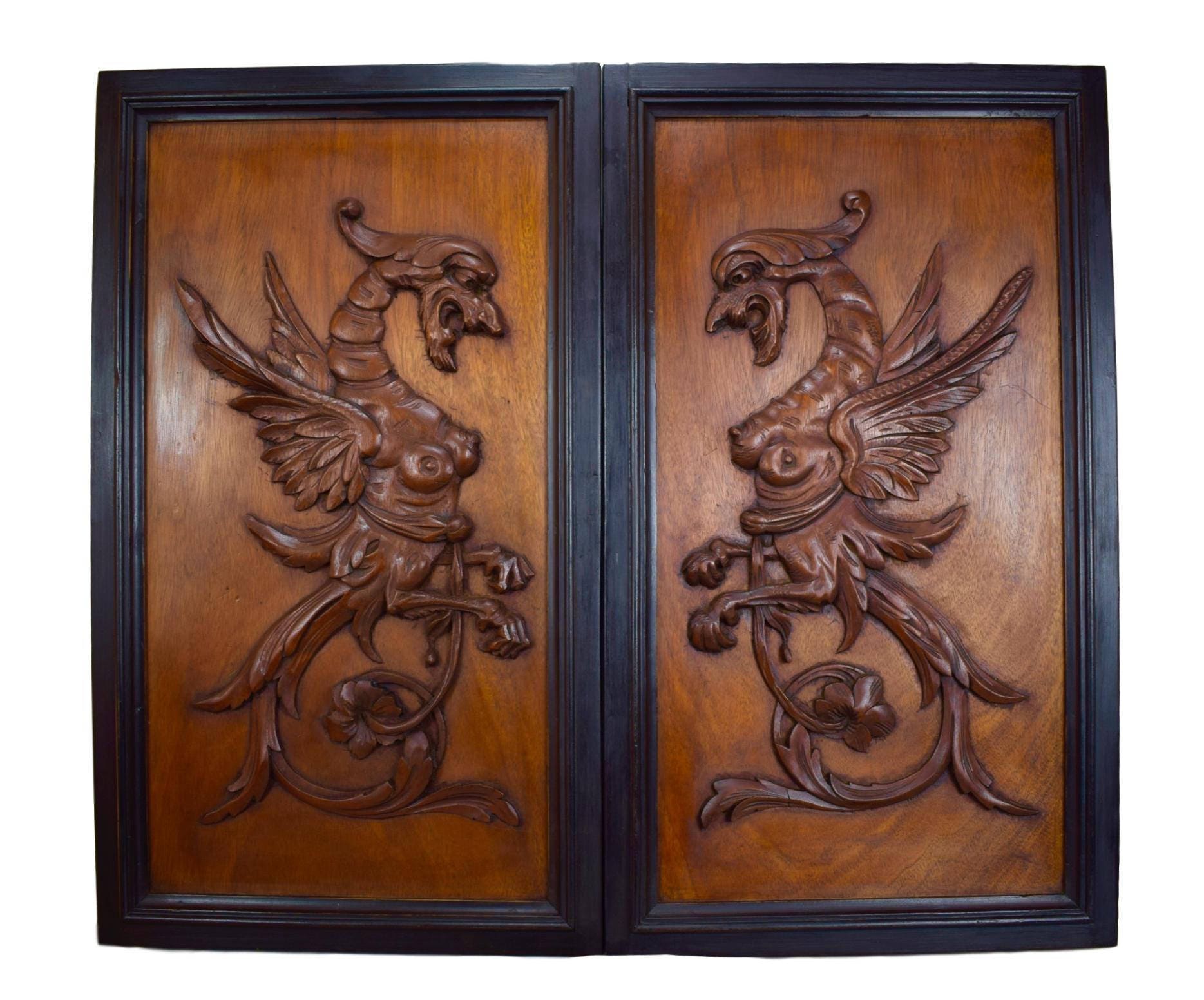 Français Antique Grande Paire Griffin Parois - Sculpté à La Main Cadre Chimère Bois Acajou Décor Fan