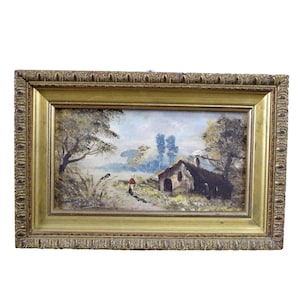 Pintura al óleo francesa vintage, paisaje con casa y mujer, firmada por BERT. Regalo único.