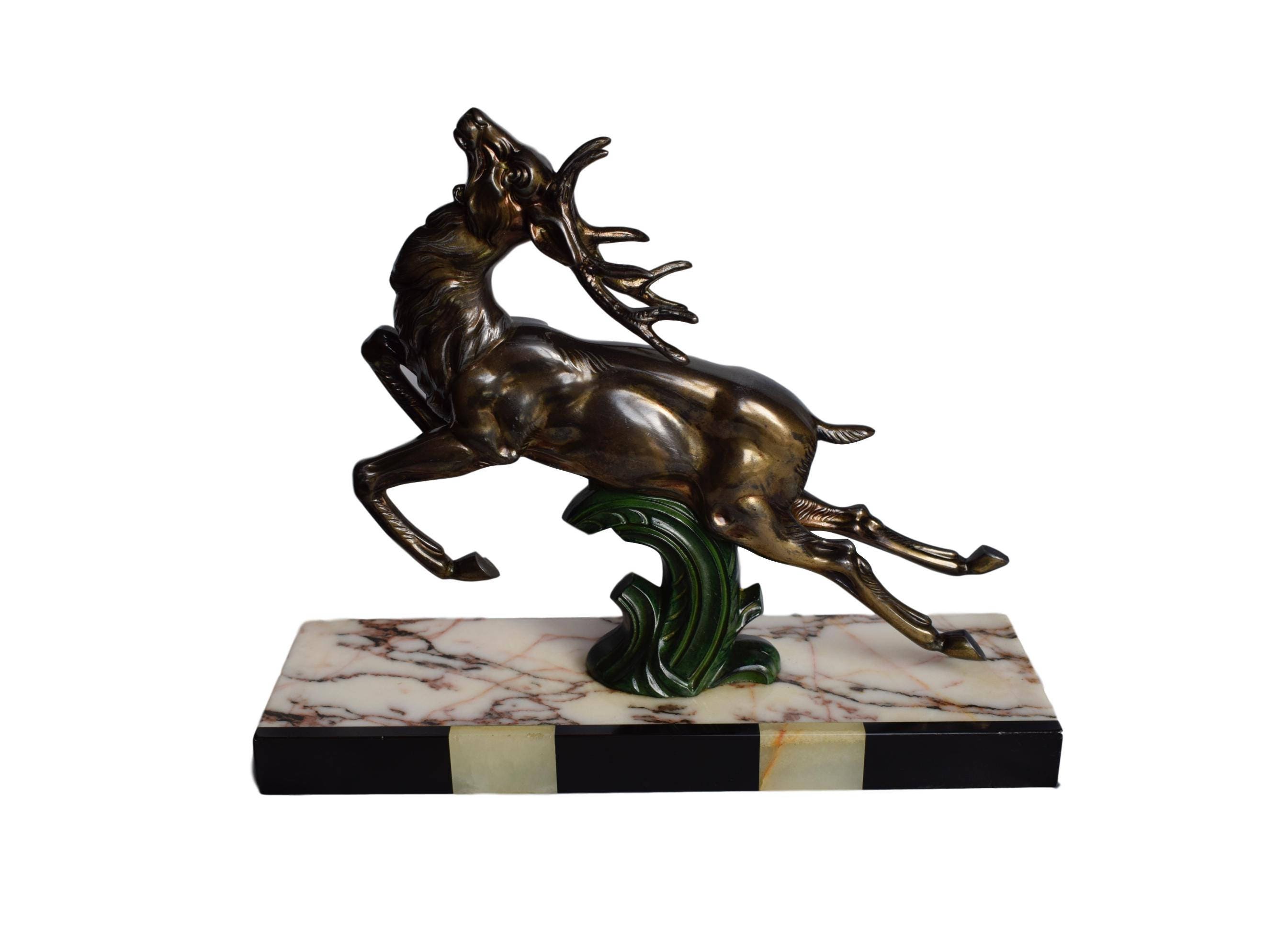 Français Statue de Cerf Art Déco sur Base Marbre - Sculpture Animaliste à Épeautre Figurine Statue P