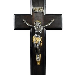 Gran cruz de pared francesa antigua de madera tallada a mano: crucifijo, obra de arte religiosa, regalo religioso