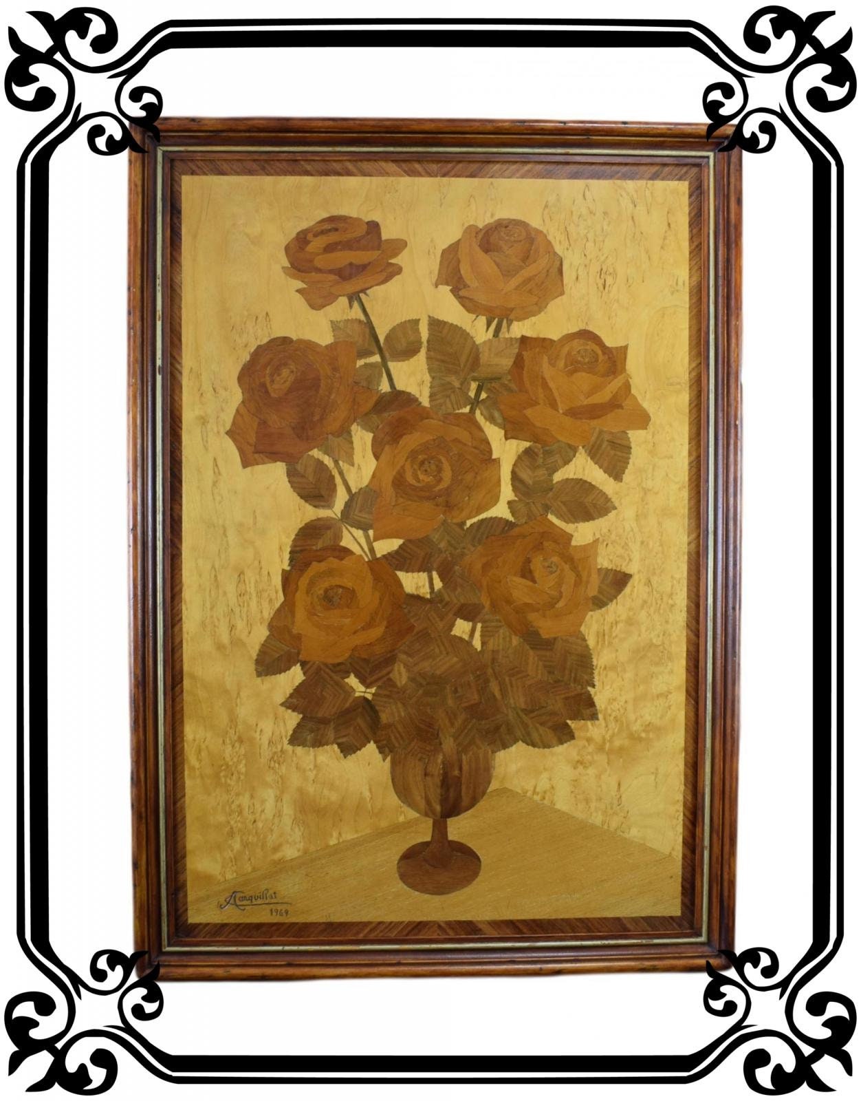 Large 32 1/2 Français Vintage Wood Inlay Marquetry Painting Flowers Rose Bouquet By A Carquillat 196