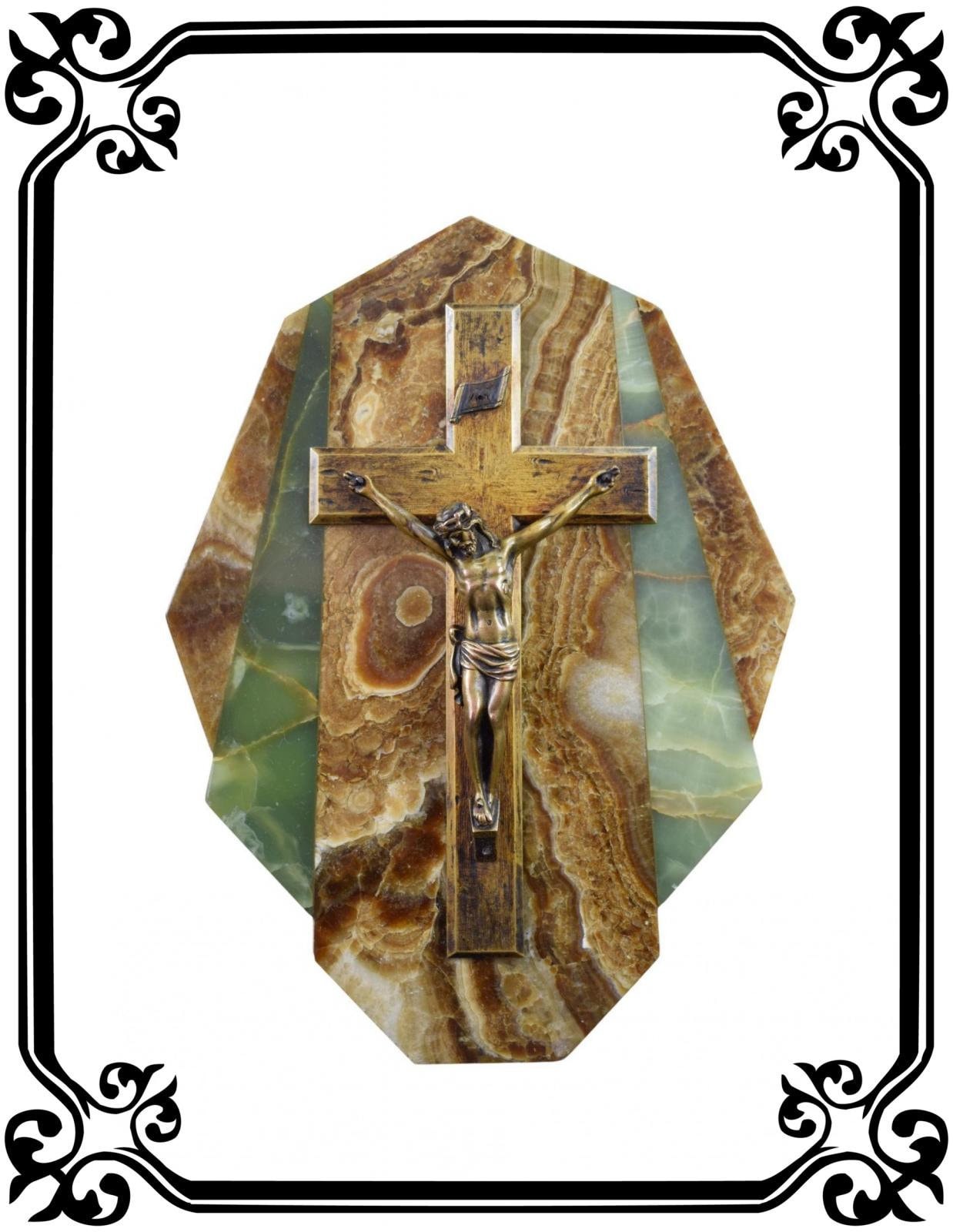 Marbre Art Déco et Crucifix Mural en Bronze