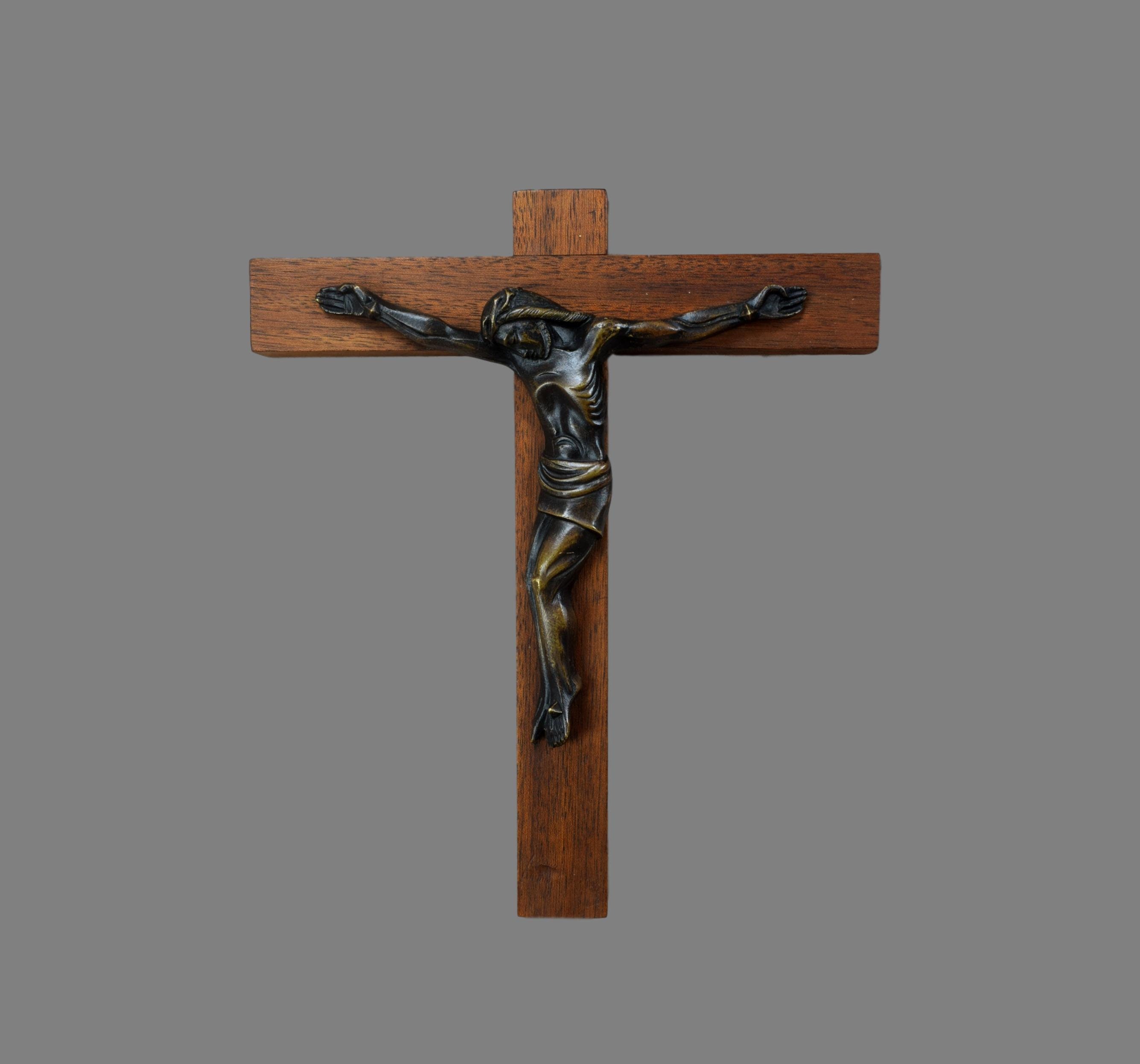 Français Crucifix de Mur Vintage, Jésus Christ Murale en Bois Croix, Bronze Corpus, Mid Century Mode