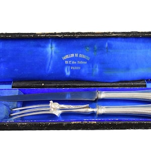 French 2pc Solid silver Carving Knife Set Minerva Hallmark, Antique 19th, Gift for him