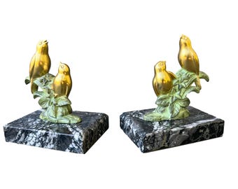 Signed TEDD Art Deco Bird Bookends, Antique French Spelter Marble Book Ends, 1920s Stylized Animal Sculpture, Vintage Luxury Office Decor