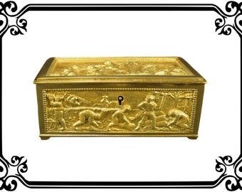 French Antique Bronze Style Casket Jewelry Box – Hand-Painted Rural Scenes