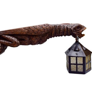 Antique French Neo-Gothic Wall Sconce - Hand-Carved Walnut Gargoyle Lamp - 19th Century Lantern Light