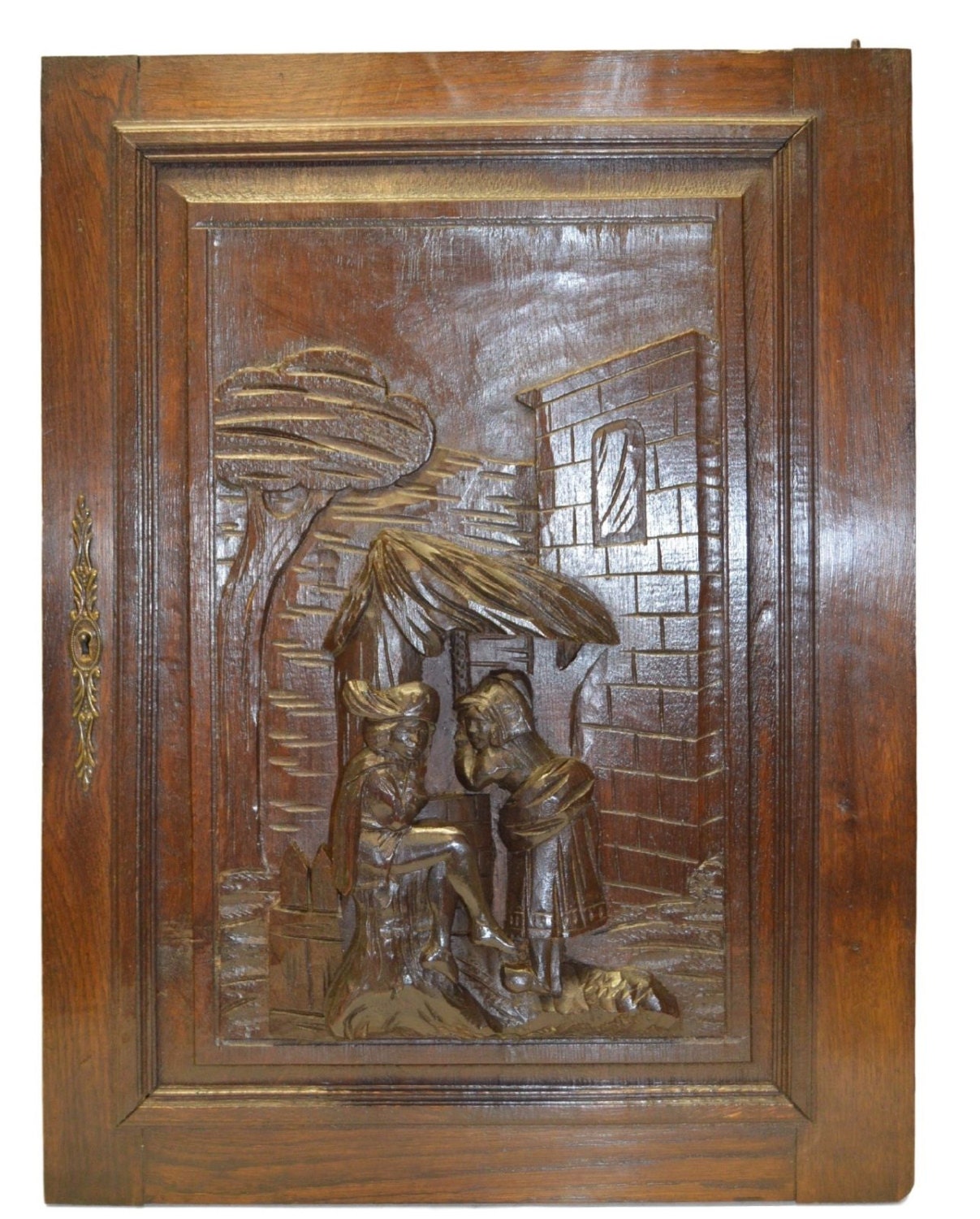 Main Français Sculpté Antique Cabinet Panneau de Porte Scène Romantique Médiévale Plaque Murale - Sc