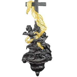 Large Antique French Holy Water Font, 19th Century Cast Iron Wall Crucifix with Cherubs, Religious Home Decor