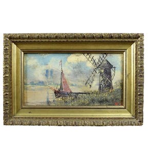 Pintura al óleo francesa vintage con paisaje de barco, regalo único