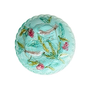 French Antique Wall Onnaing Turquoise Majolica Plate, Birds Berries c 1880, French Country Cottage  Decor, Gift for her