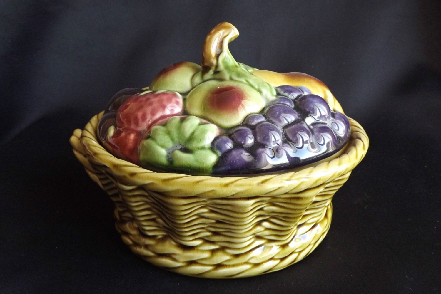 Sarreguemines Majolica Fruits Panier Couvert Boîte Couvercle Plat