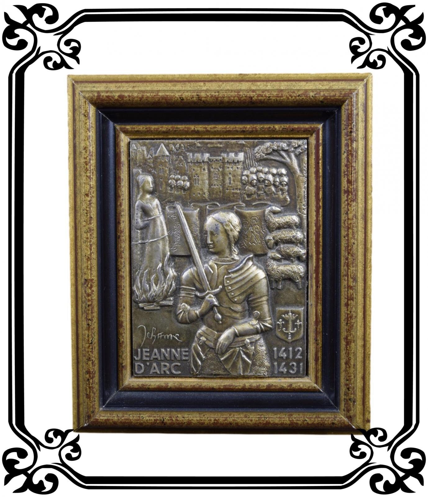 Français Antique Plaque d'argent Sterling Religieuse Jeanne d'arc