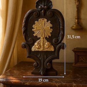 Antique French Wall religious plaque, Carved oak & gilt bronze cross with cherubs, Rococo devotional wall decor, 19th