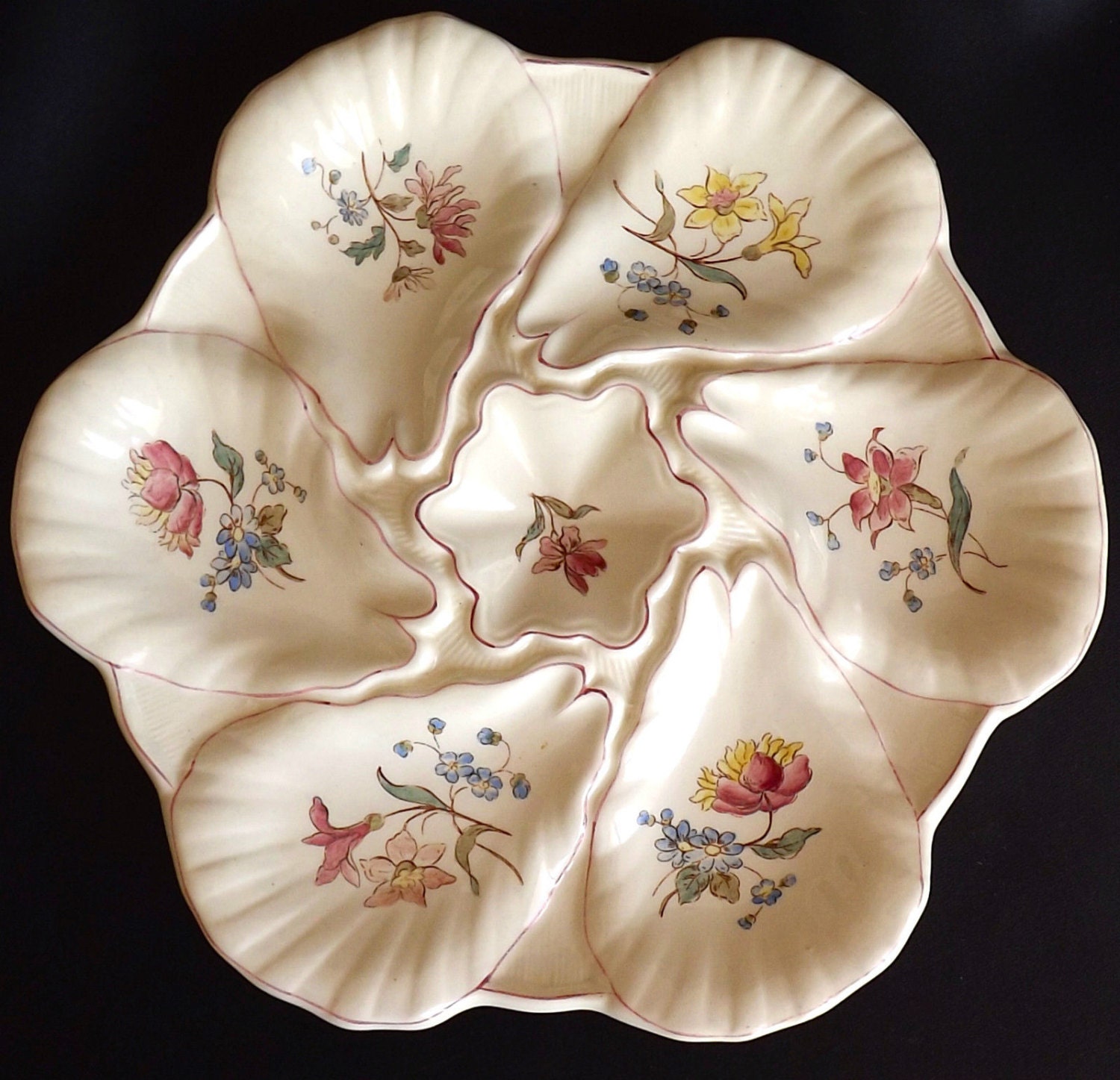 Français Antique Longchamp Majolica Assiette d'huîtres Festonnées - Français Coquille Saint-Jacques 