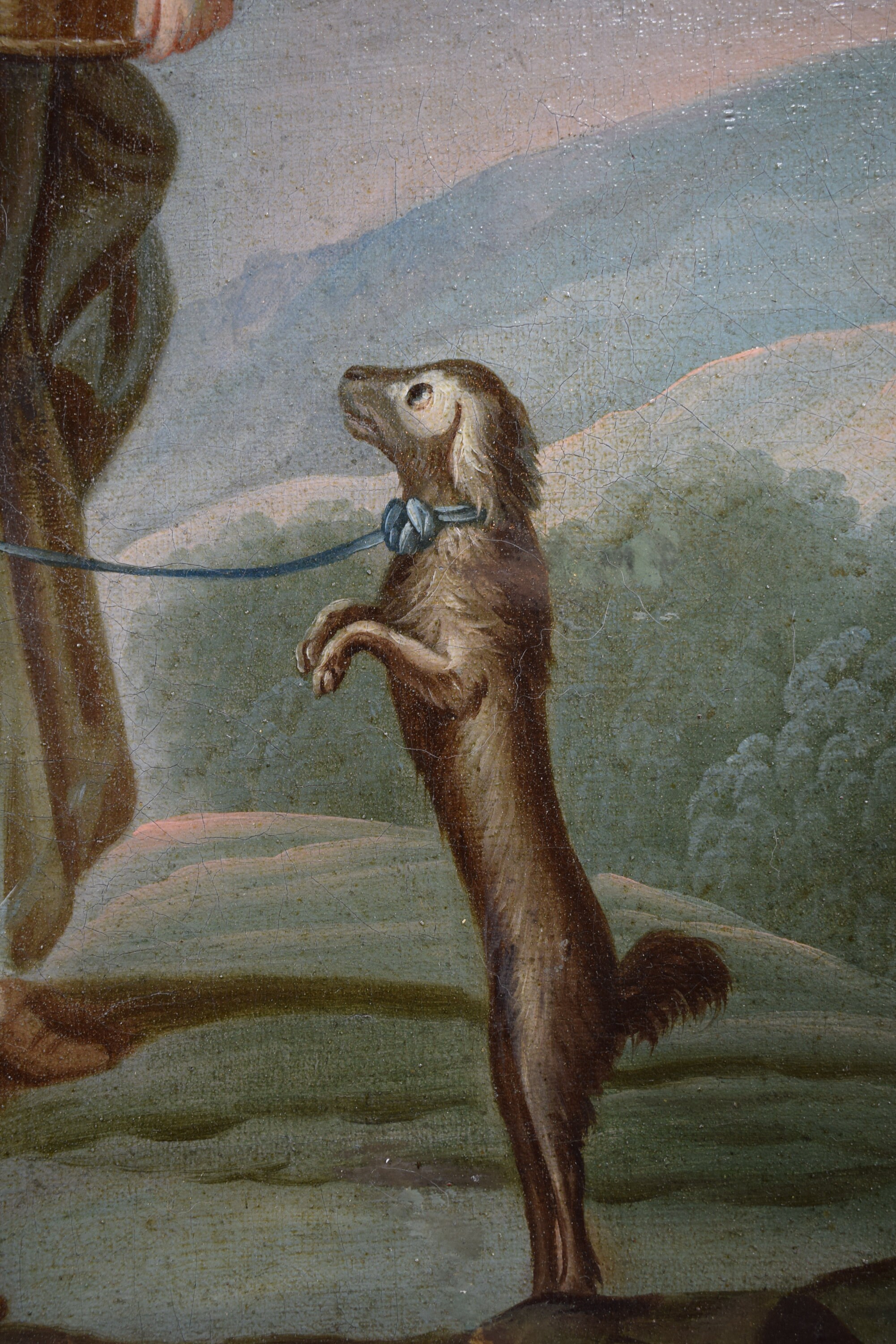 フランスのアンティークタブロー油絵キャンバス18世紀の犬の訓練士