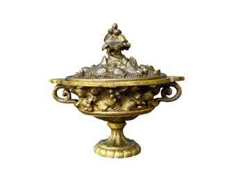 Antique French Neo Classical Bronze Cassolette Covered Dish, Fruit & Flower Motif