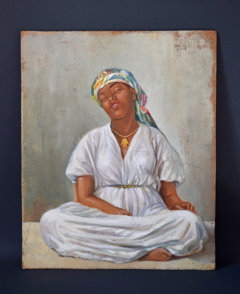 Français Peinture à lhuile orientaliste sur toile Portrait dune femme Main de Fatma image 6