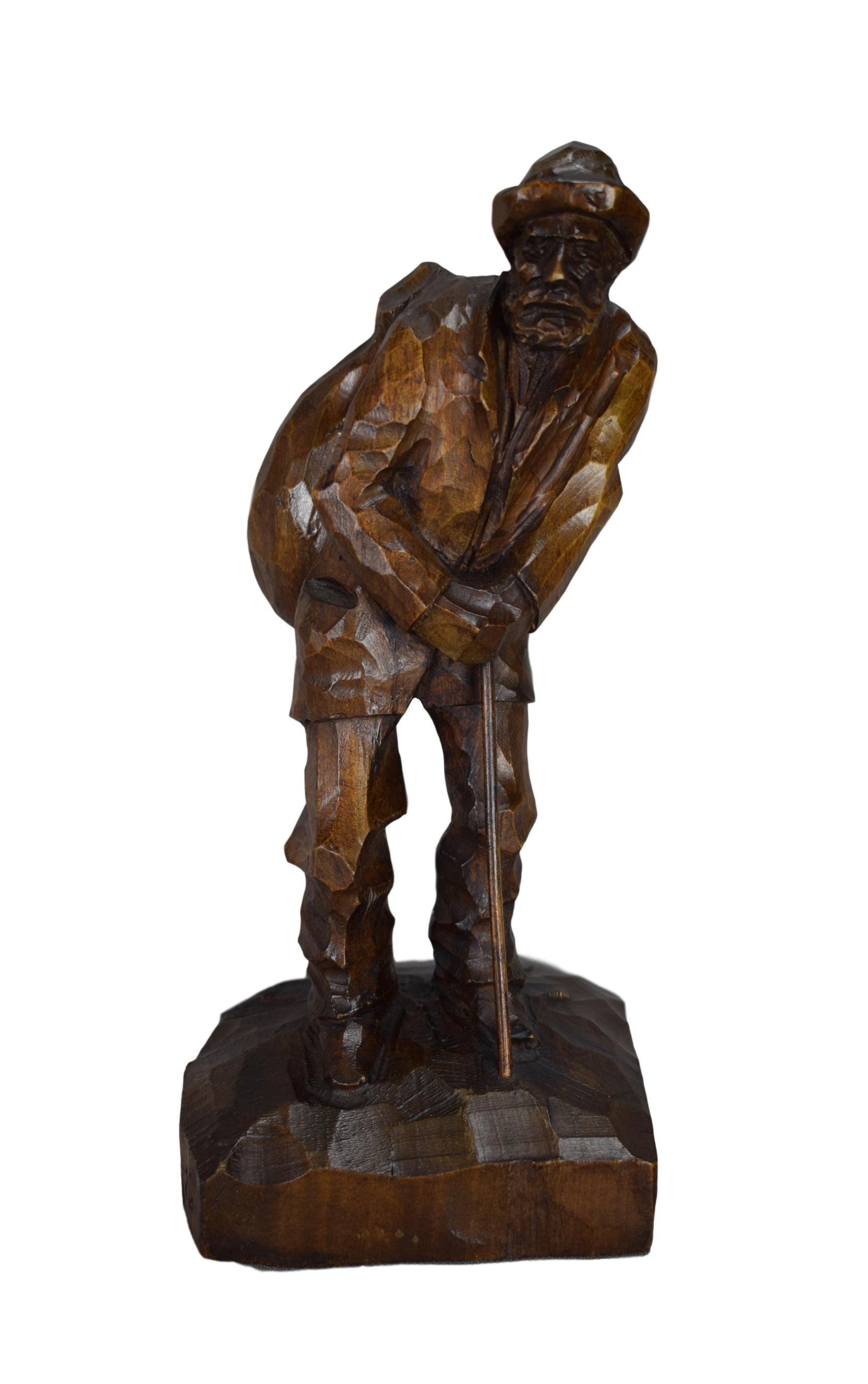 Forêt-Noire Français Antique Brienz Main Sculpté Bois Figurative Vieil Homme avec Une Canne Statue S