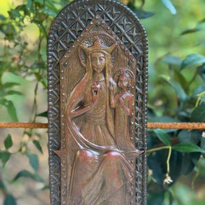 Antique Rare French Bronze Plaque, Virgin Mary and Child, Sacred Heart, Apple Symbol, Art Deco Religious Wall Icon, 1930