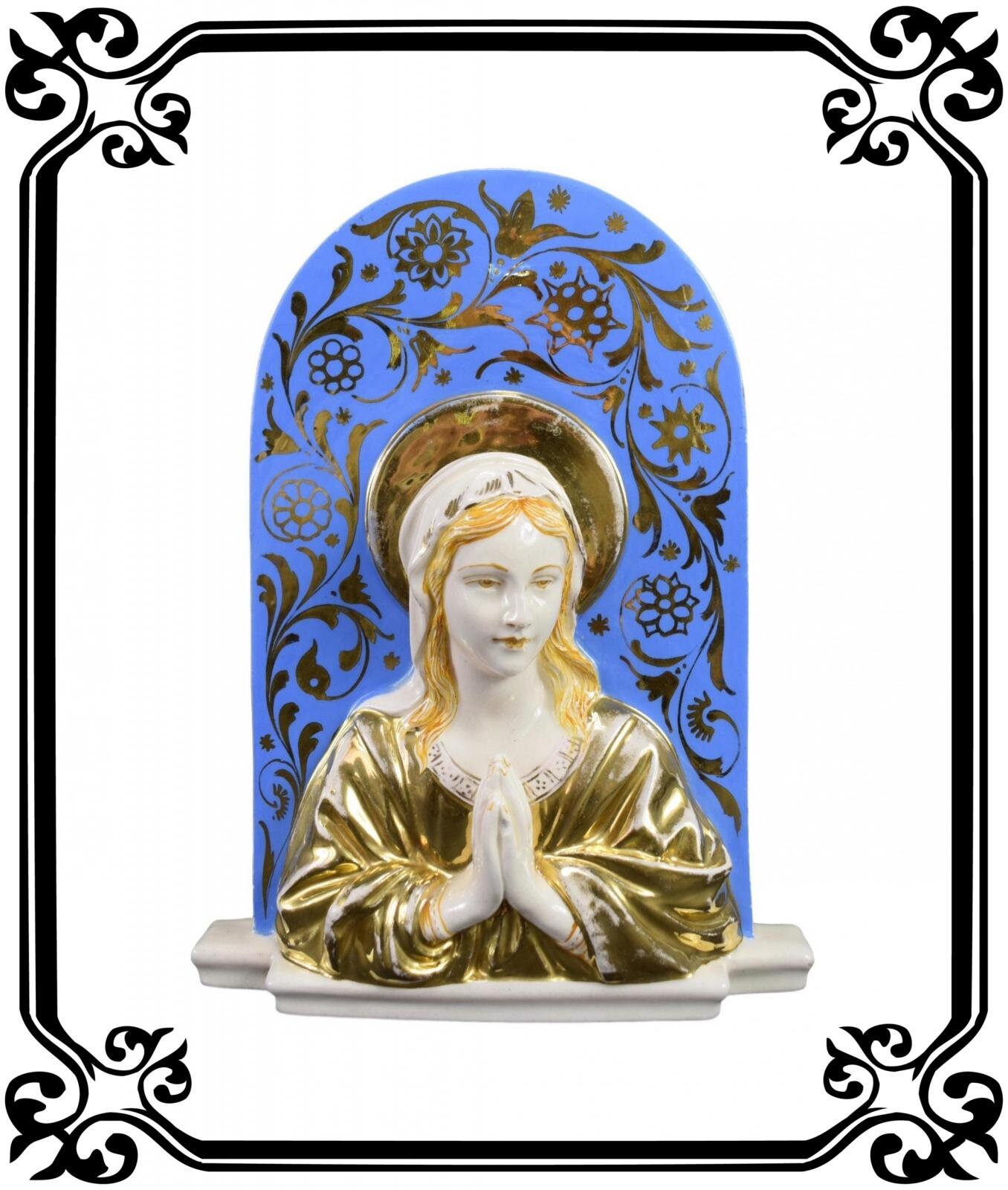 Vierge Marie Antique Italien Religieux Bleu et Or Majolica Debout ou Plaque Murale Signée