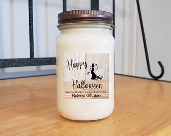 Happy Halloween Witch wooden wick Mason Jar Candle Choose Your Scent, Halloween Country Primitive Decor, Gift for Her
