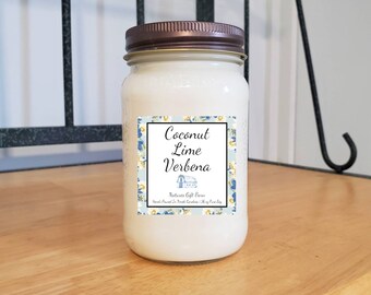 Coconut Lime Verbena wooden wick Soy Candle in Mason Jar, Country Primitive Decor, Summer Candle, Tropical Candle, Fruit Scented Candle