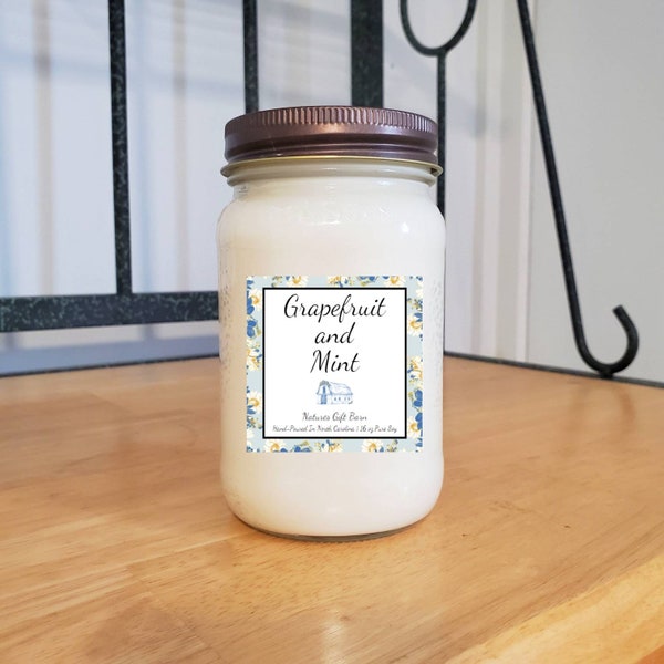 Grapefruit and Mint Scented Soy wooden wick Candle in Mason Jar Gift for Her Farmhouse Candle Country Primitive Decor Summer Citrus Fruity