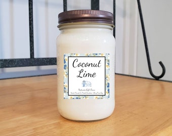 Coconut Lime Candle, wooden wick Soy Candle in Mason Jar, Tropical Candle, Summer Candle Fruit Scented Candle Country Primitive Candle Decor