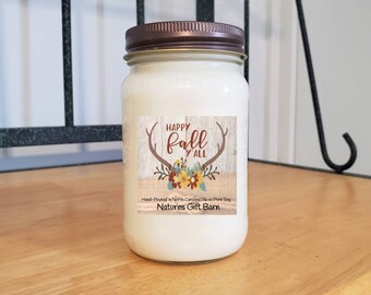 Happy Fall Yall Soy wooden wick Mason Jar Candle Gift for Her Autumn Fall Country Primitive Decor Eco Friendly Scented Candles Deer Antlers