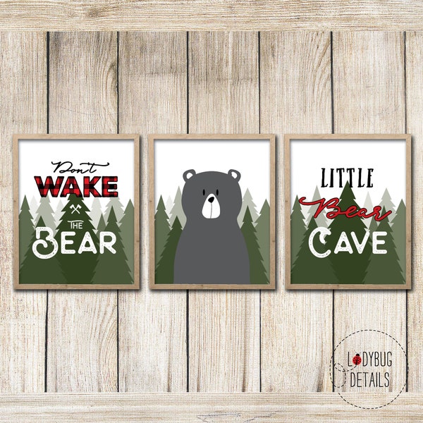 Lumberjack Nursery Print, Buffalo Plaid Nursery Decor, Don't Wake the Bear Print, Woodland Nursery Decor, Little Bear Cave Print