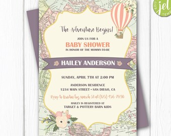 May include: A baby shower invitation with a vintage world map background. The invitation features a hot air balloon with pink and white stripes and a floral design. The text on the invitation reads "The Adventure Begins!" and includes the details of the shower, including the date, time, location, and RSVP information.