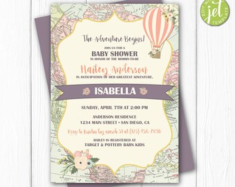 May include: A baby shower invitation with a vintage world map background. The invitation features a hot air balloon with pink and white stripes and a floral design. The text on the invitation reads "The Adventure Begins!" and "Join us for a Baby Shower in honor of the mommy-to-be Hailey Anderson in anticipation of her greatest adventure, Isabella. Sunday, April 7th at 2:00 PM Anderson Residence 1234 Main Street San Diego, CA Rsvp to liristin by March 31 at (123) 456-7890 Hailey is registered at Target & Pottery Barn Kids"