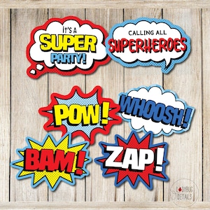 Superhero Photo Booth Props, Superhero Cake Topper, Superhero Centerpieces, Superhero Birthday Decor, Superhero Party Signs Instant Download