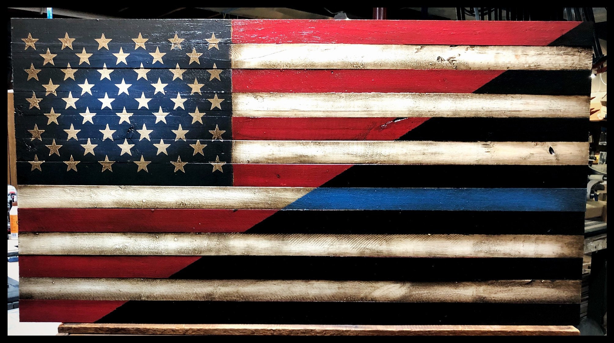 American Blue Line Flag Wooden Blue Line Flag Rustic Police Etsy