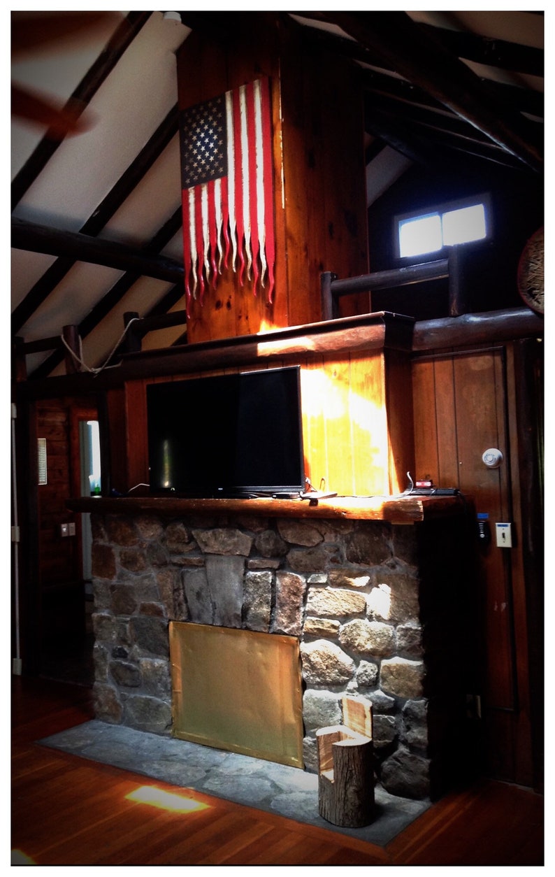 May include: A stone fireplace with a brass fire screen and a wooden log holder. An American flag hangs on the wall above the fireplace.