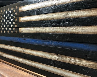 48" Blue Line Flag, Large American Flag, Large Thin Blue Line Flag, Wooden Blue Line Flag, Police Memorial Flag, Law Enforcement Flag