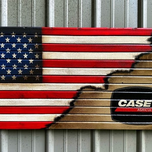 Drapeau Américain En Bois Case IH - Décoration Murale Agricole 91x48 Cm - Pour Tracteur Et Ferme