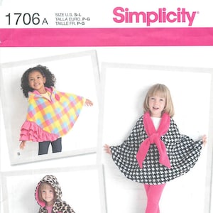 May include: Simplicity pattern 1706 A for children's ponchos. The envelope displays three variations: a yellow, pink, and blue plaid hooded poncho with ruffled trim, a black and white houndstooth poncho with a pink scarf, and a leopard print hooded poncho.