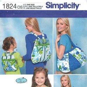 May include: A sewing pattern for making four different bags. The bags are all made from a blue and green floral fabric. The pattern includes instructions for a backpack, a tote bag, a shoulder bag, and a small purse.