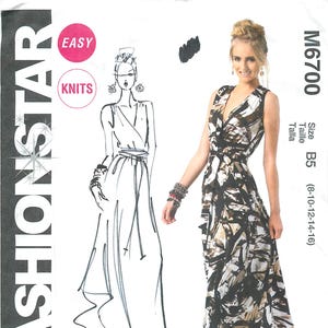 May include: A sewing pattern for a long, sleeveless dress with a V-neck and a wrap-style bodice. The pattern features a photo of the dress in a black, white, and brown abstract print. The pattern is labeled "Easy Knits" and includes the Fashion Star logo.