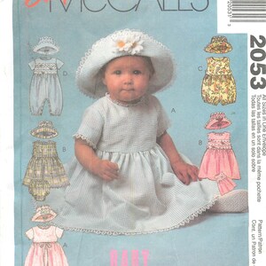 McCall&#39;s Baby Wear 2053 Sewing Pattern for Infant Girl&#39;s Dress, Romper, Panties and Hat. Sizes Small - X-Large.