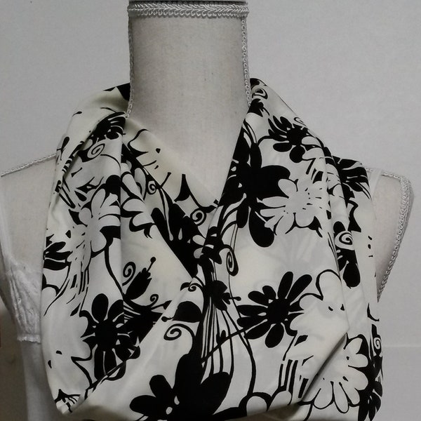 Women's Black on White  Short Infinity Scarf With Big Black Flowers,  34 Inches Long, 11.5 Inches Wide