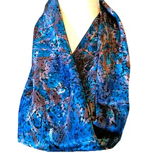 Silverly Blue Infinity Scarf, 32 Inches Long, 8.5 Inches Wide.  Scarf is Various Shades of Blue and Silver. It Is My Favorite.