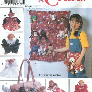 May include: A sewing pattern for making stuffed animal toys. The pattern includes instructions for making a variety of animals, including a monkey, a penguin, a bear, and a cow. The pattern also includes instructions for making a bag to hold the stuffed animals.