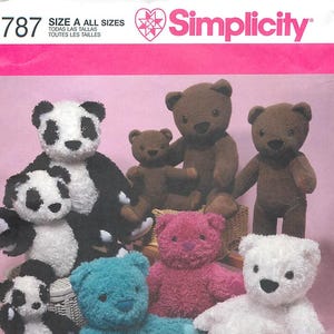 May include: Simplicity sewing pattern 3787 for stuffed bears. The package features illustrations of various plush bears, including black and white pandas, brown bears, a bright pink bear, a teal bear, and a white bear, all with dark eyes and noses.